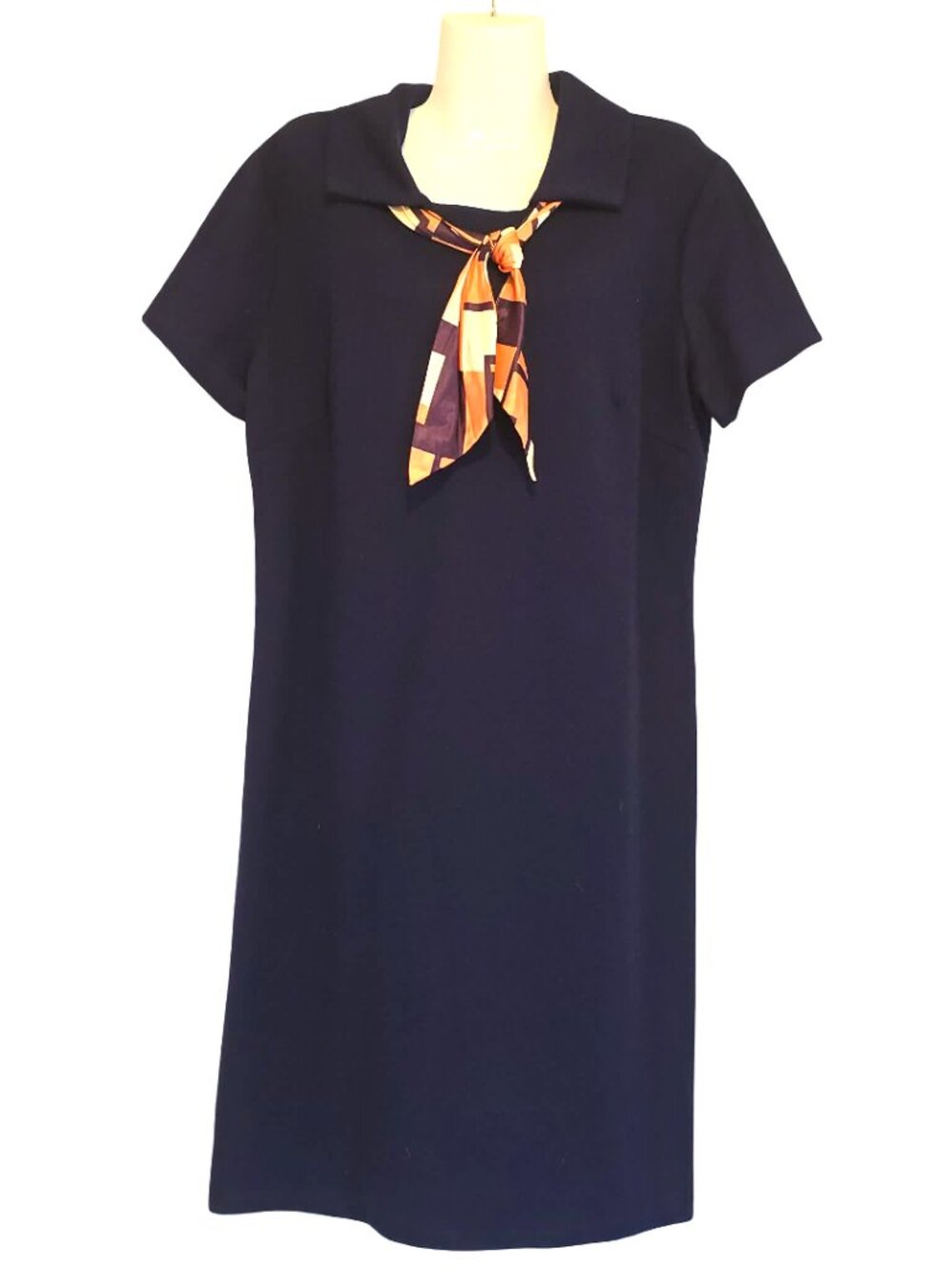 Vintage 1960s Handmade Blue Dress with Attached Scarf | Mod Midi Dress